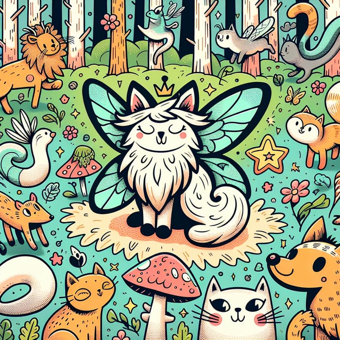 Comic Forest with Whimsical Fairy Animal and Cat