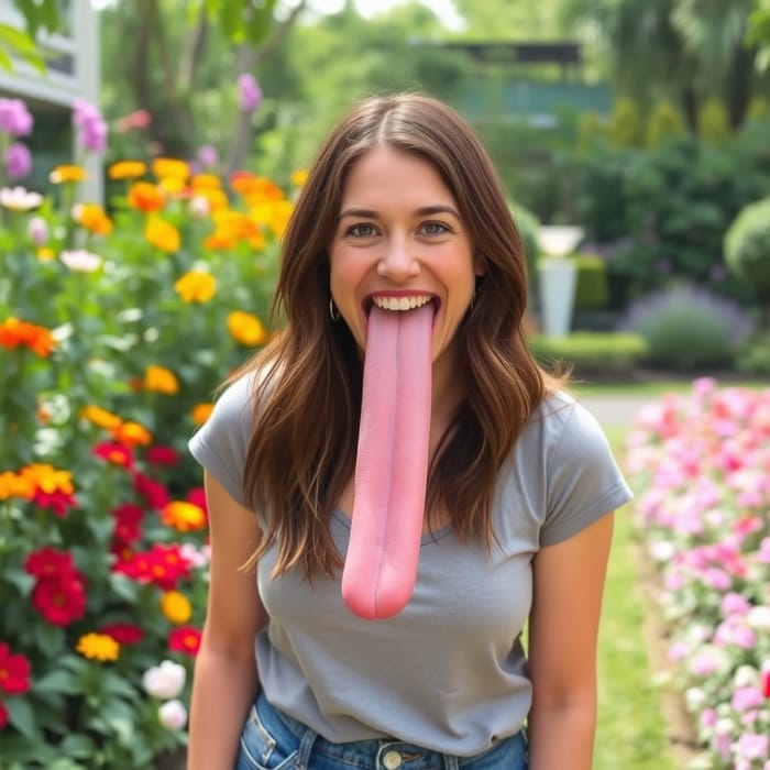 Woman with Huge Tongue in Colorful Garden