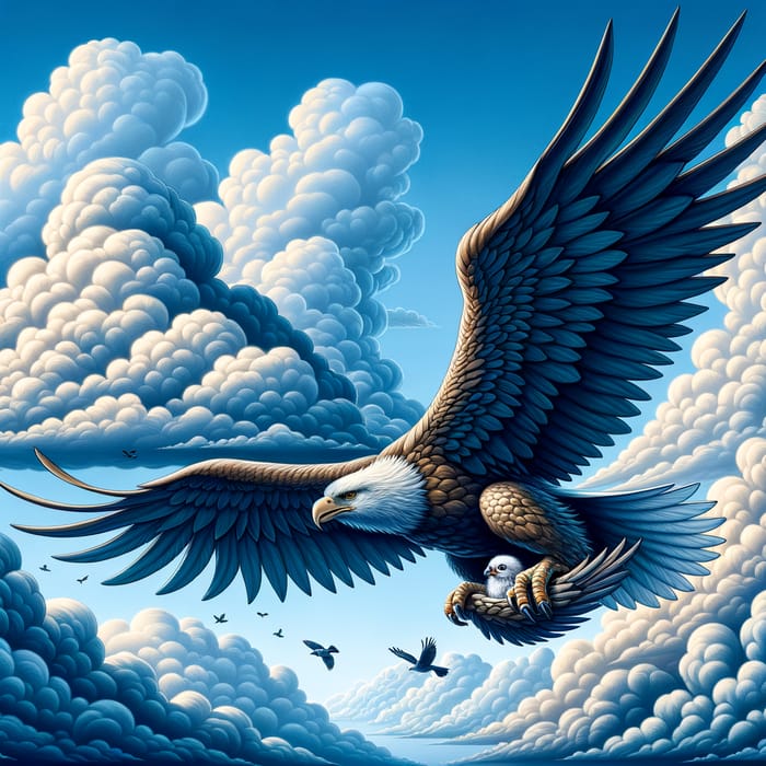 Majestic Eagle Shielding Sparrow in Azure Sky | Unique Aerial Scene