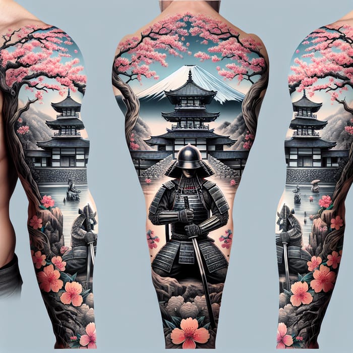 Detailed Japanese Samurai and Temple Sleeve Tattoo Design