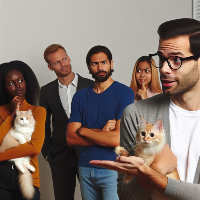 Man Talking to Cat Surrounded by People in a Peculiar Manner