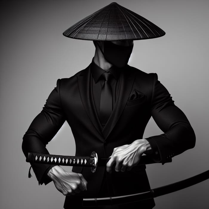 Mysterious Man in Black Suit with Katana