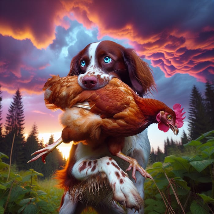 Playful Dog Grabs Chicken in Sunset Scene