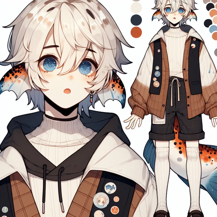 Adorable Anime Fish Boy with White Hair, Blue Eyes, and Distinctive Patterns