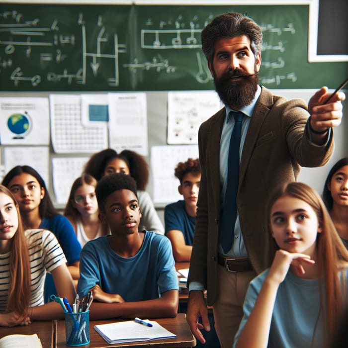 Male Teacher with Mustache Teaching in Front of Class