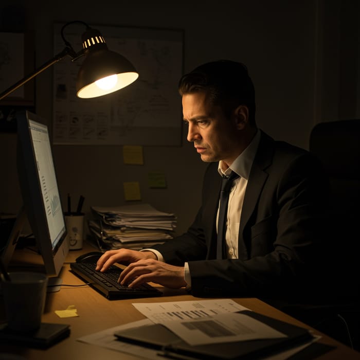 Businessman Working Hard at Desk - Black Suit Style Businessman Working Hard at Desk - Black Suit Style