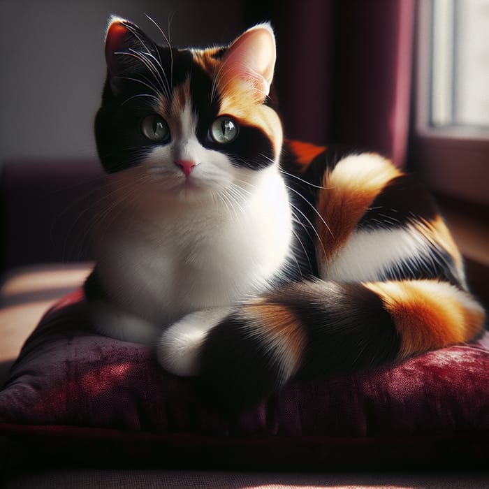 Charming Calico Cat on Plush Cushion | Playful Kitty Image