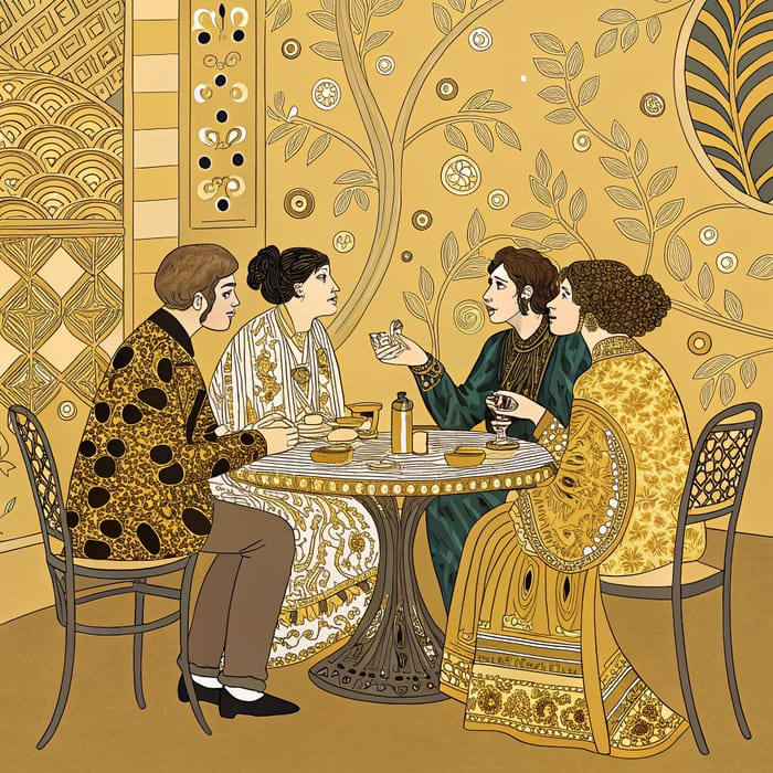 Gustav Klimt Style Art: Five People at a Table