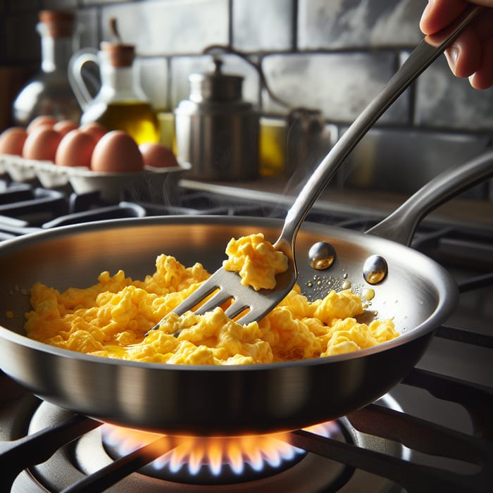 Scrambled Eggs in Non-Stick Frying Pan with Fork