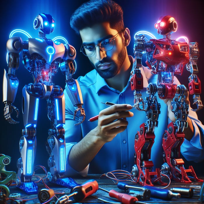 Engineer Fixing Blue and Red Robots