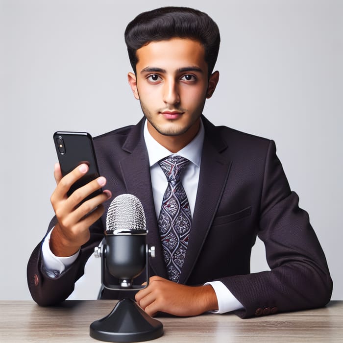 Young Yemeni Man in Formal Suit with Microphone at News Desk