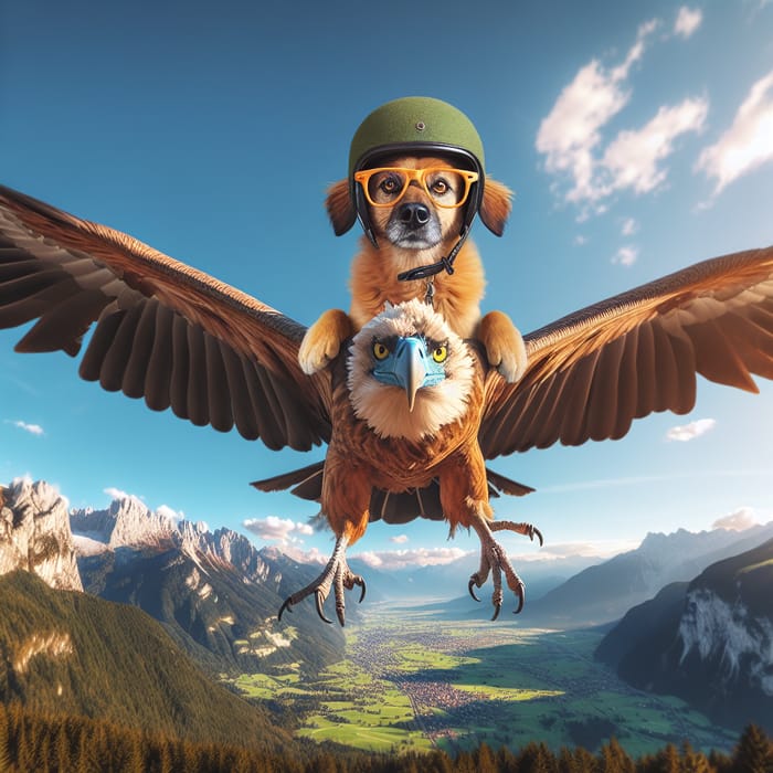 Brown Dog Soaring on Bird with Spectacles in Mountain Landscape