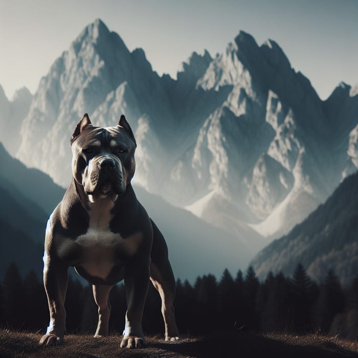 American Bully Dog Overlooking Three Peak Mountain Range