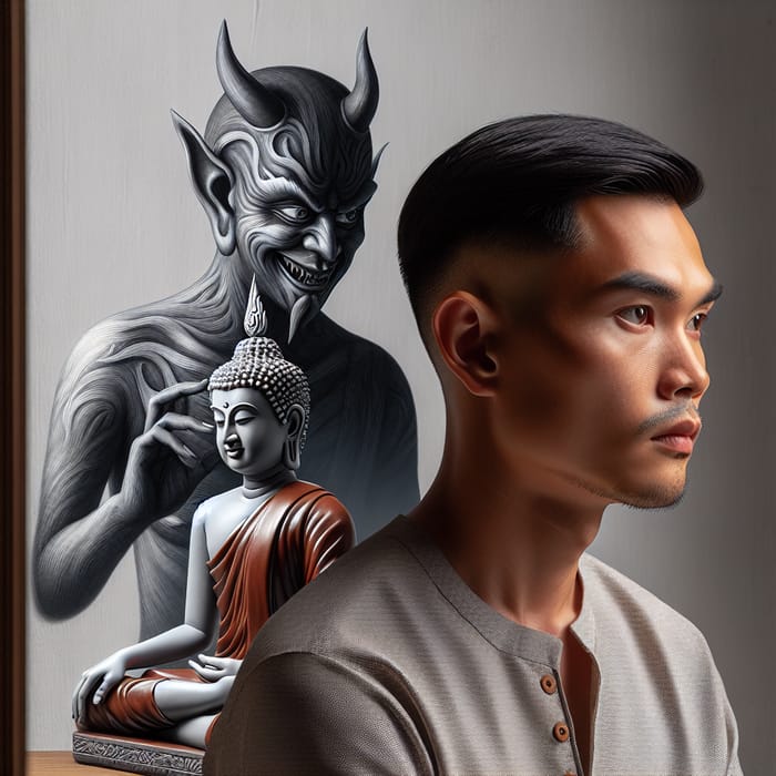 Realistic Portrait of Vietnamese Man Contemplating Buddha and Devil