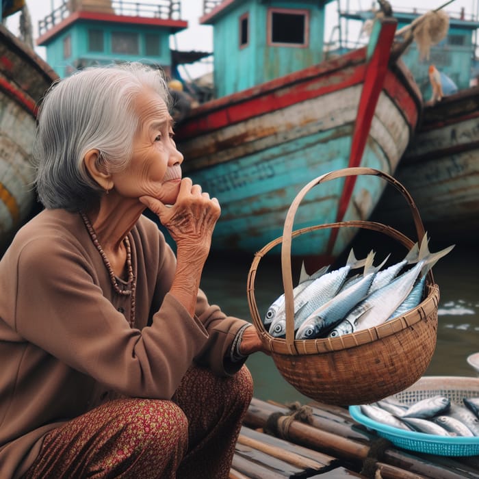 Portrait of Vietnamese Woman Considering Buying Fish at Fishing Boats