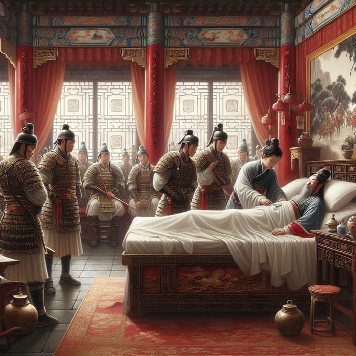 Royal Chinese King's Health Crisis in Palace: Physician and Guards Scene