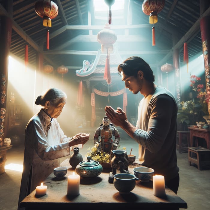 Vietnamese Man and Woman Praying for Blessings | Wide-angle Portrait Photo