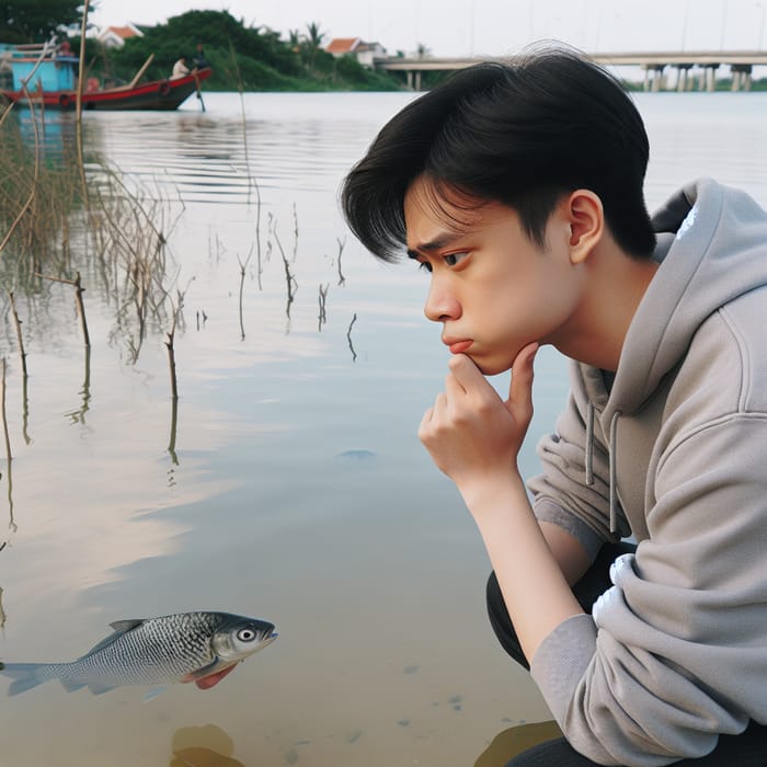 Vietnamese Man Contemplating Releasing Fish | Captured Dilemma