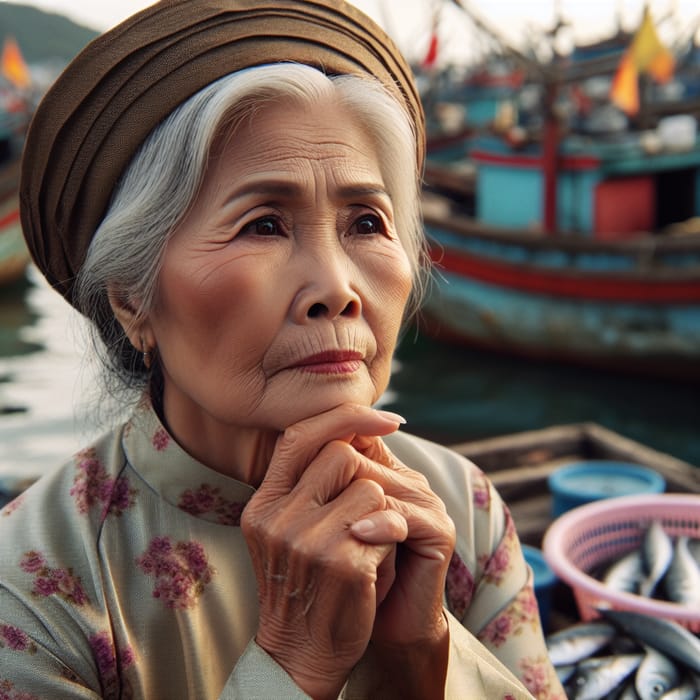 Vietnamese Man and Woman Considering Buying Fish at Fish Market, Portrait Photo