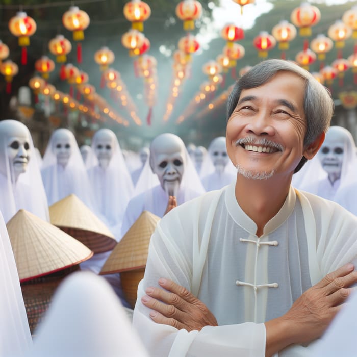 Vietnamese Man Smiling Peacefully in Tranquil Asian Ghostly Scene