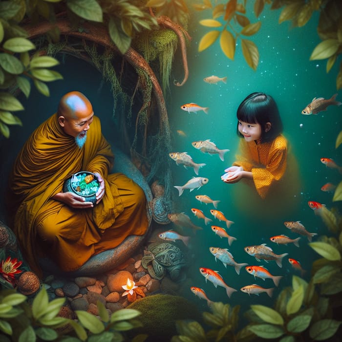 Vietnamese Girl Considering Offering to Monk vs Rescuing Fish