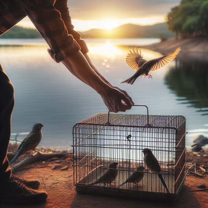 Man Setting Birds Free by Lake | Symbolic Bird Release Scene