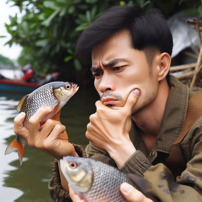 Vietnamese Man Contemplating Catch and Release, Portrait Photo