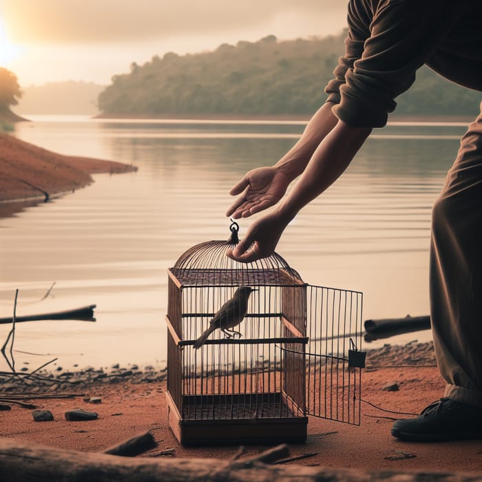 Man Releasing Bird by Lake Shore