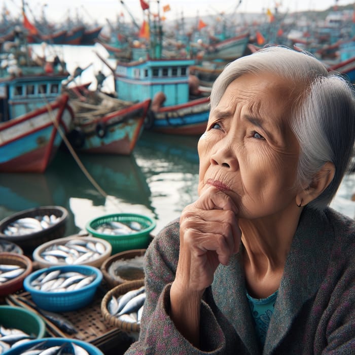 Vietnamese Lady Considering Buying Live Fish at Fishing Boats' Location