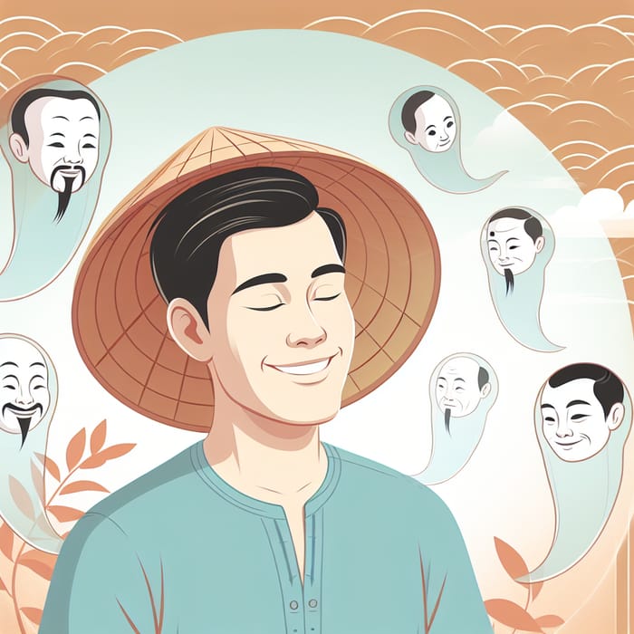 Tranquil Vietnamese Man Smiling Among Asian Spirits