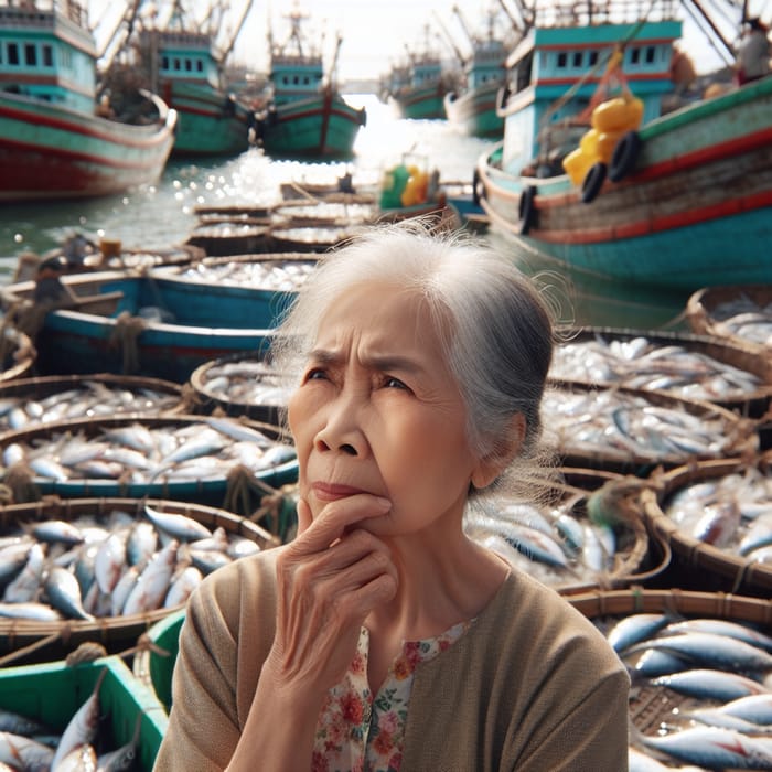 Vietnamese Woman Considering Buying Fish at Busy Fishing Harbor