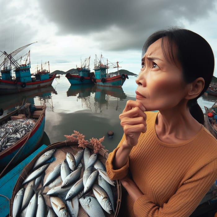 Vietnamese Woman Considering Purchasing Fish at Fishing Boats, Wide-angle Portrait Photo