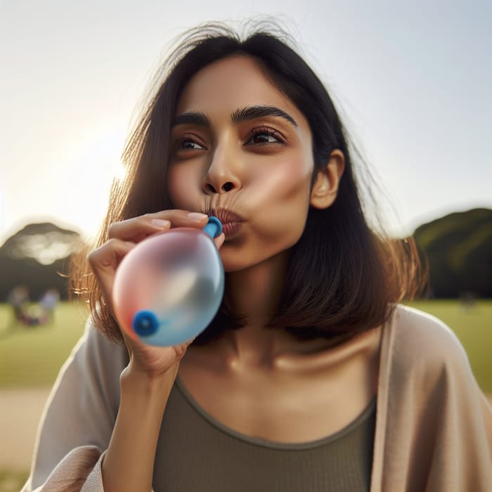 Woman Blowing Balloon Outdoors - Joyful Moments