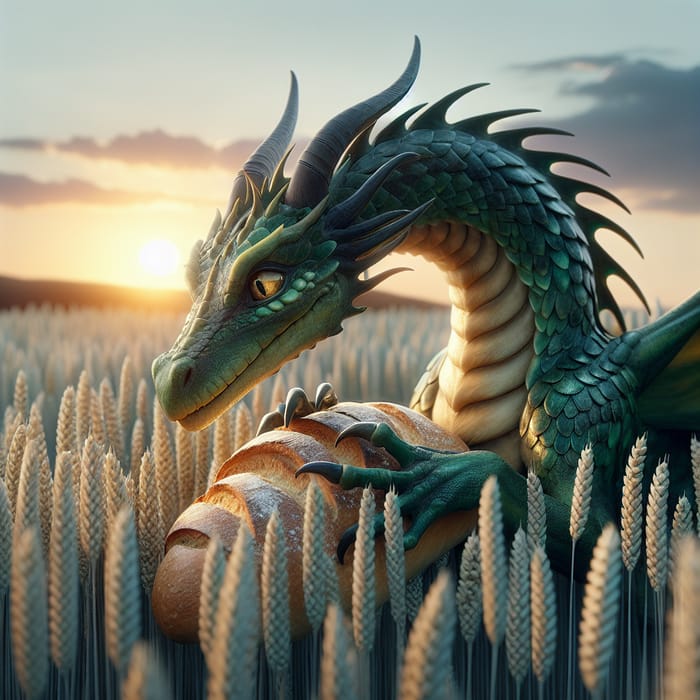 Green Dragon Resting in Rye Field with Bread