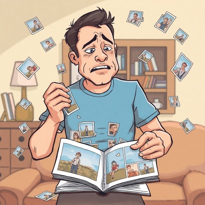 Frustration in Memories: Cartoon of a Man Tearing Photos