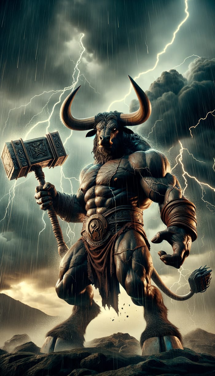 Mythic Minotaur in Thunderstorm | Hammer Warrior Sculpture