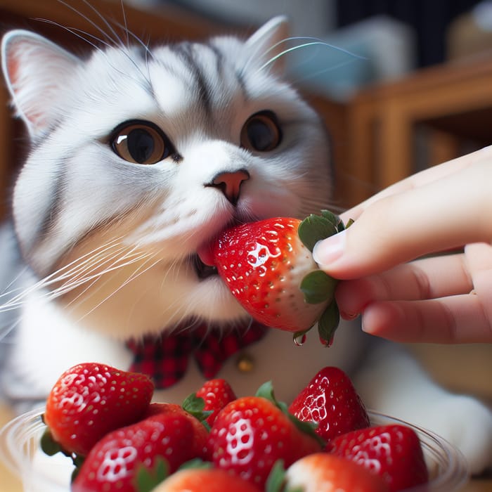 Cat Eating Strawberry - Adorable Scene of Feline Enjoying a Sweet Treat