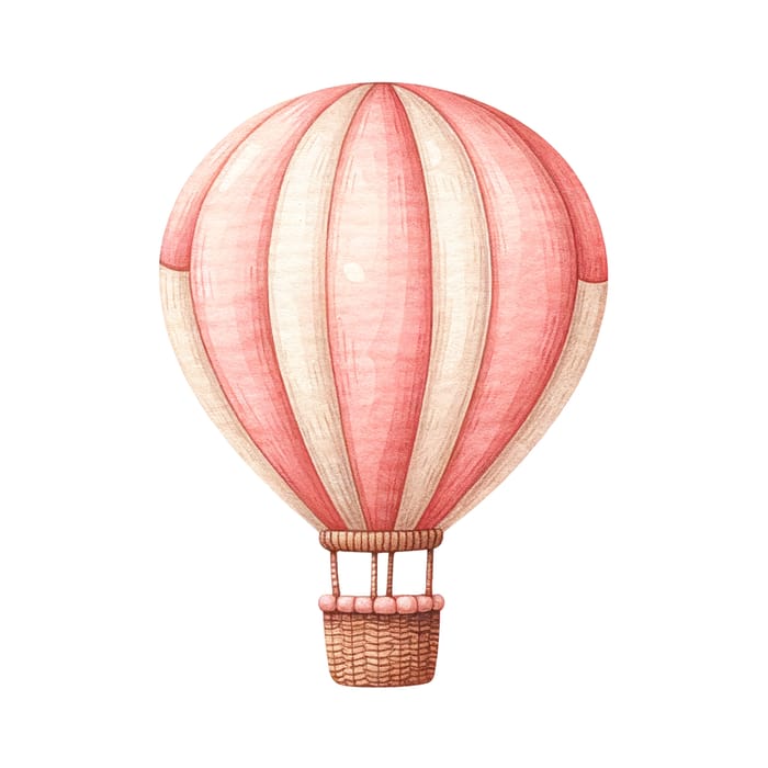 Pink and Beige Striped Hot Air Balloon Watercolor Texture Clip Art