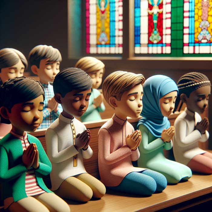 Diverse Children Praying in 3D Art Style