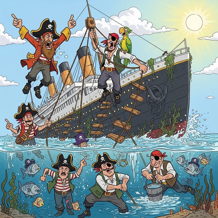 Cartoon Pirates Raising the Titanic