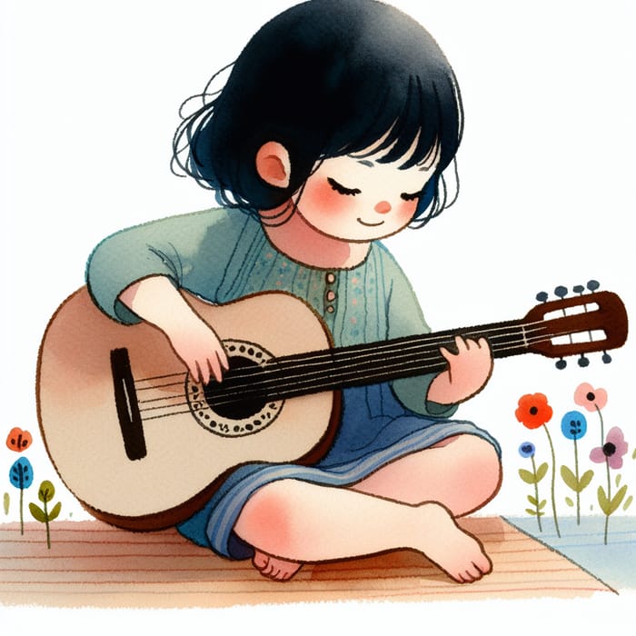 Child Playing Guitar in Disney Style Drawing