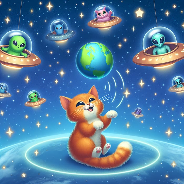 Playful Ginger Space Cat and UFOs with Colorful Aliens