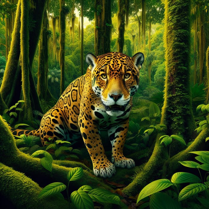 Jungle Jaguar in Rainforest: Stealthy Predator Amidst Lush Greenery