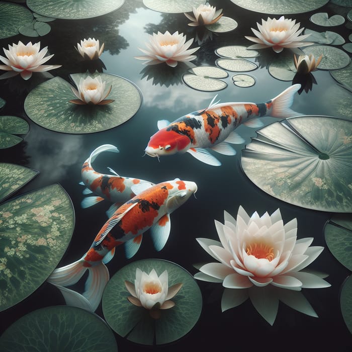 Japanese Koi Fish and Water Lily