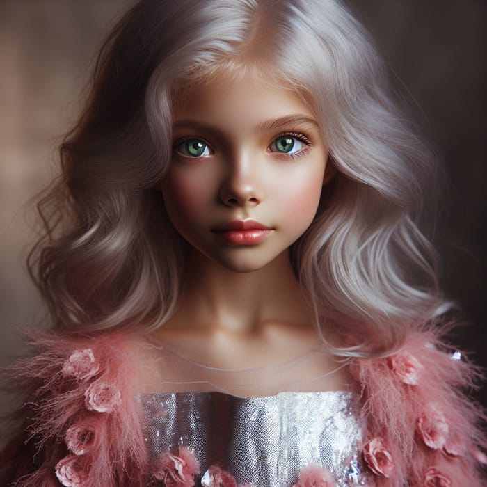 Caucasian Young Girl in Pink Dress: Silver Hair & Green Eyes