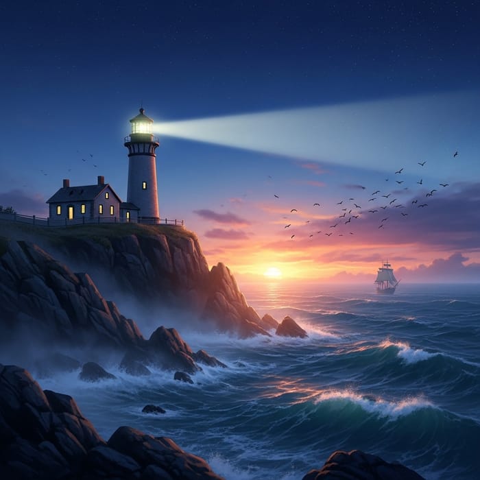 Twilight Lighthouse on Rugged Cliff: A Beacon of Solitude