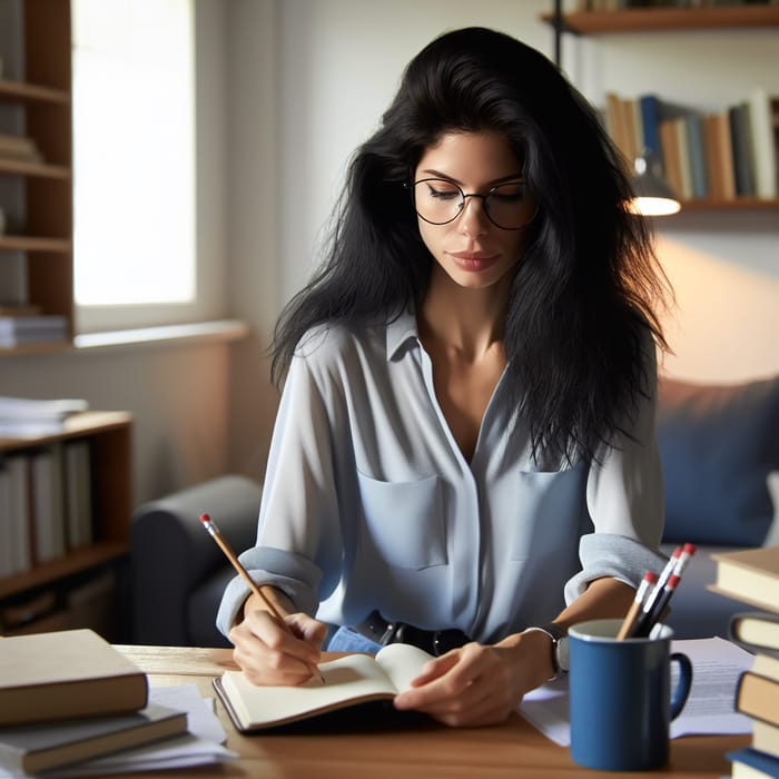 Hispanic Female Psychologist with Black Hair at Desk