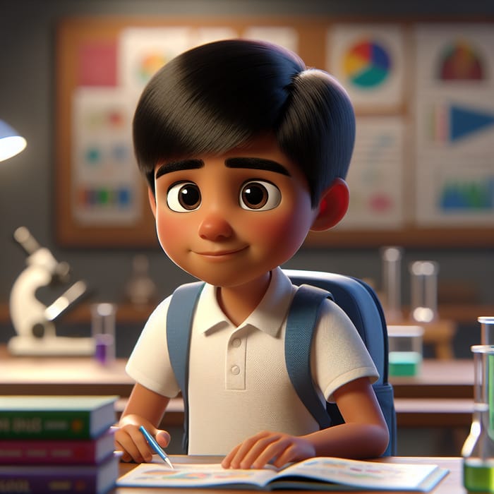 Hispanic 7-Year-Old Boy in 3D Animation Studying Science with Blue Backpack