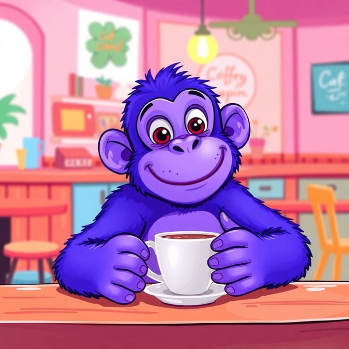 Whimsical Purple Monkey in Vibrant Coffee Shop