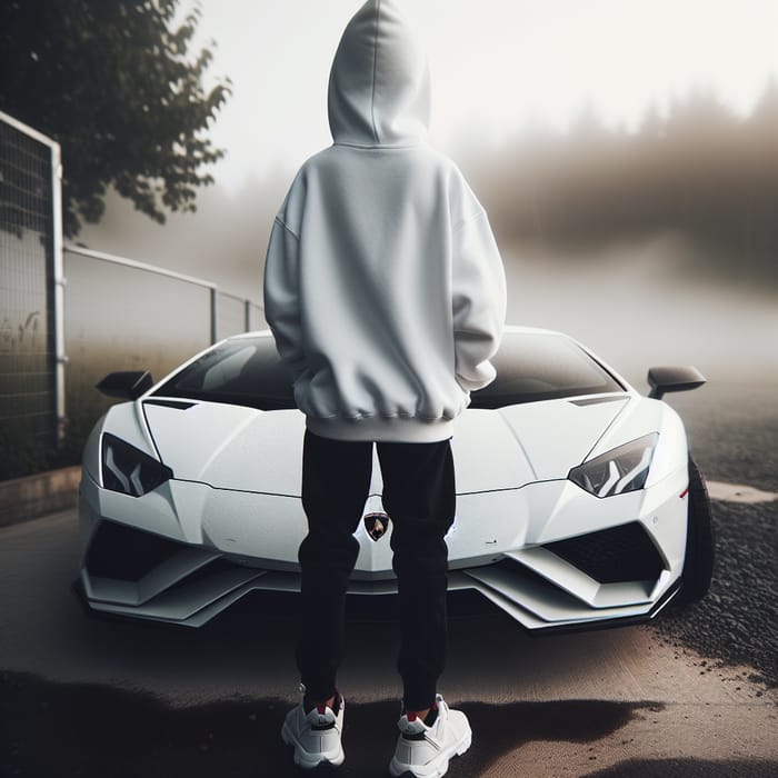 Boy in Hoodie Near Lamborghini - A Stylish Moment